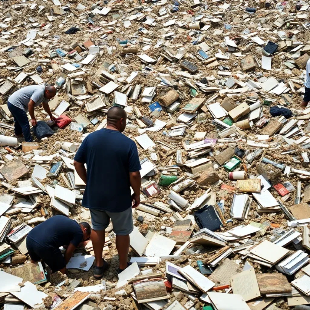 Workers searching through a landfill in New Orleans for discarded court records
