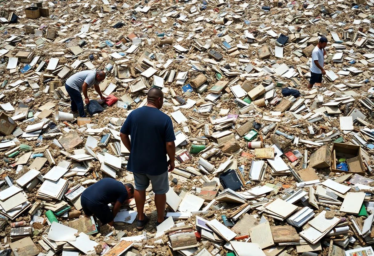 Workers searching through a landfill in New Orleans for discarded court records