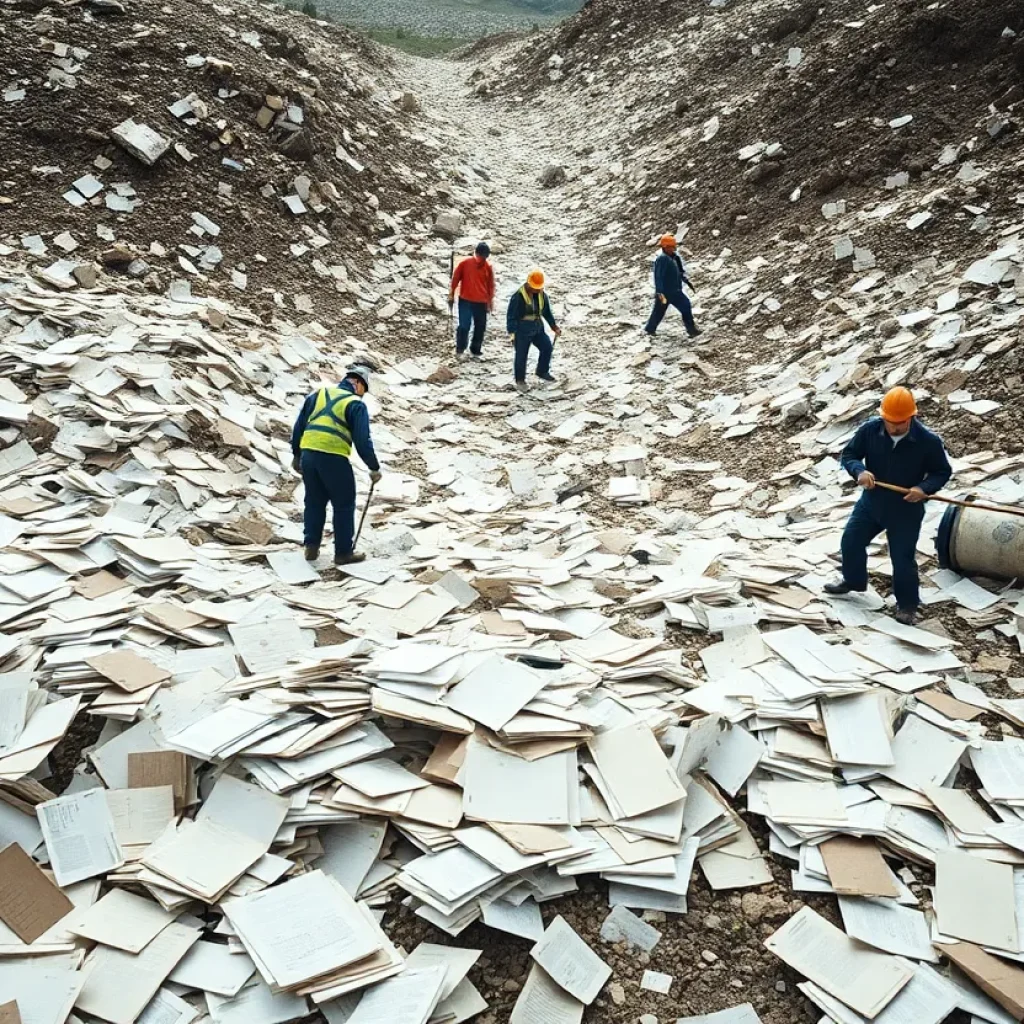 Workers searching through a landfill for discarded court documents