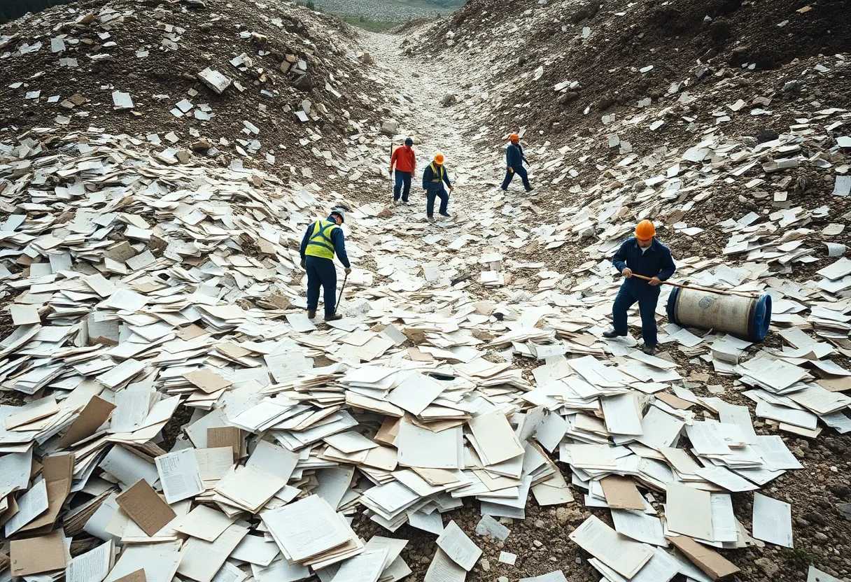 Workers searching through a landfill for discarded court documents