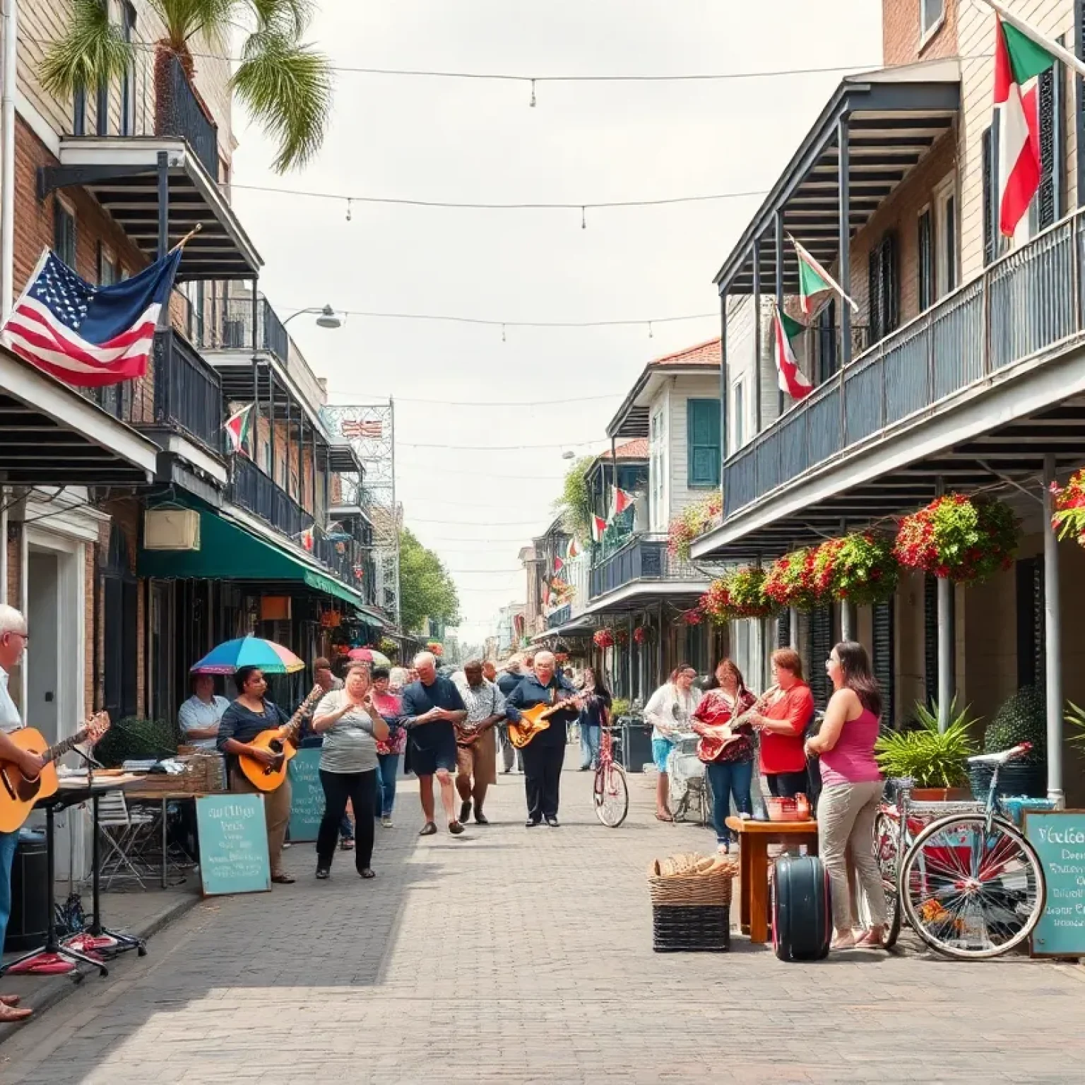 A lively New Orleans street scene showcasing cultural celebrations.
