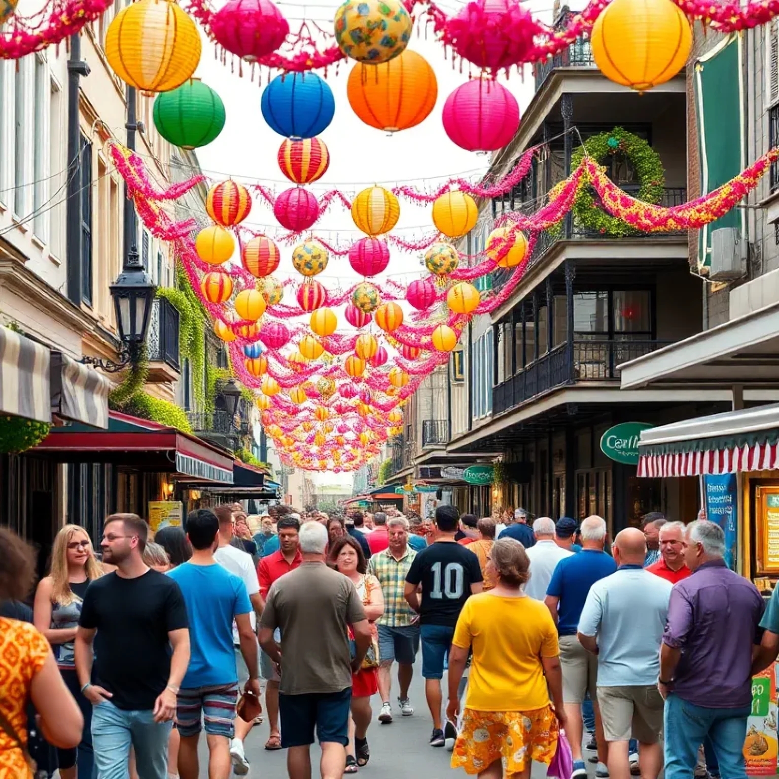 People enjoying a festival in New Orleans with music and food