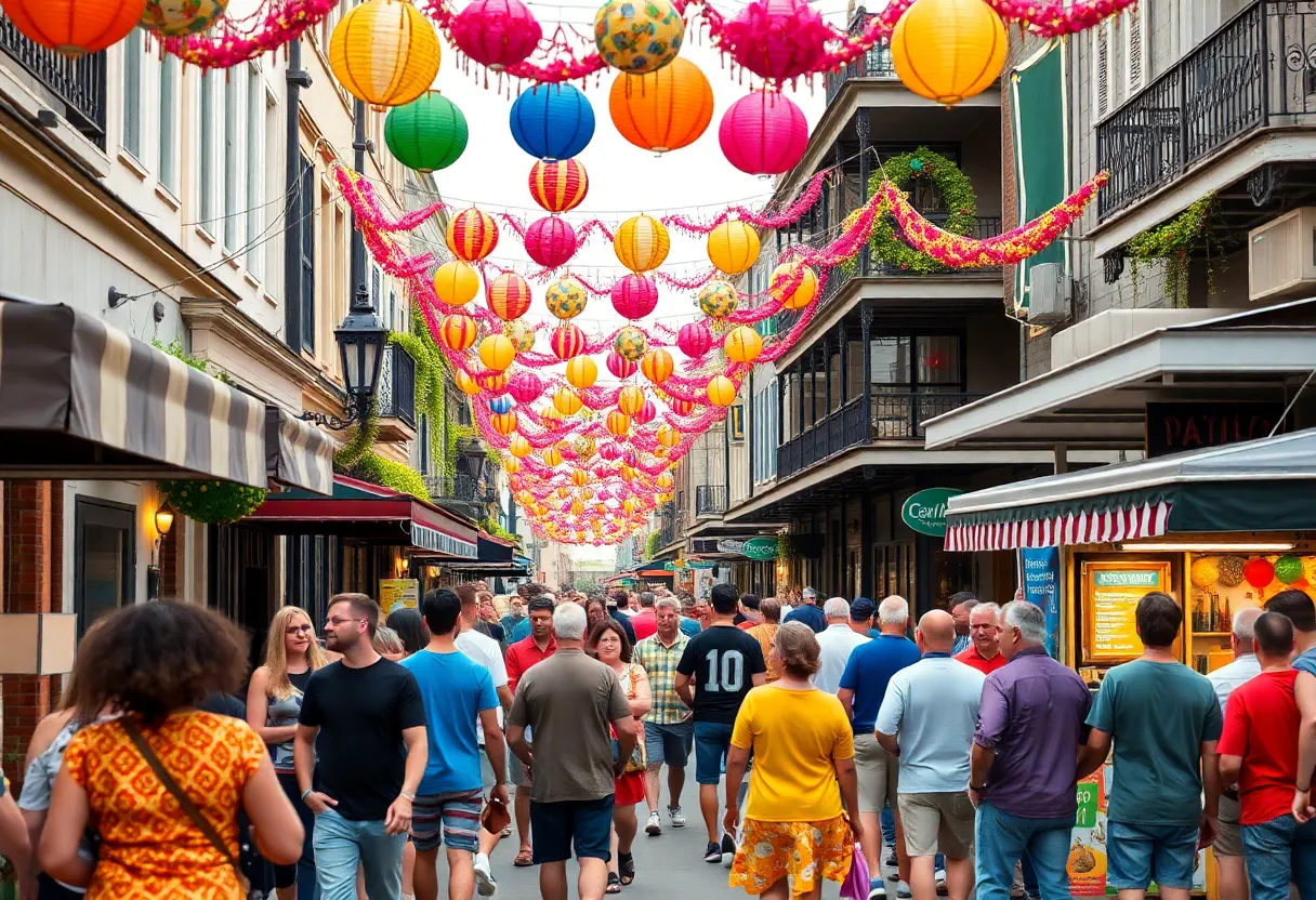 People enjoying a festival in New Orleans with music and food