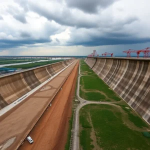 The hurricane protection system in New Orleans with levees and floodwalls.