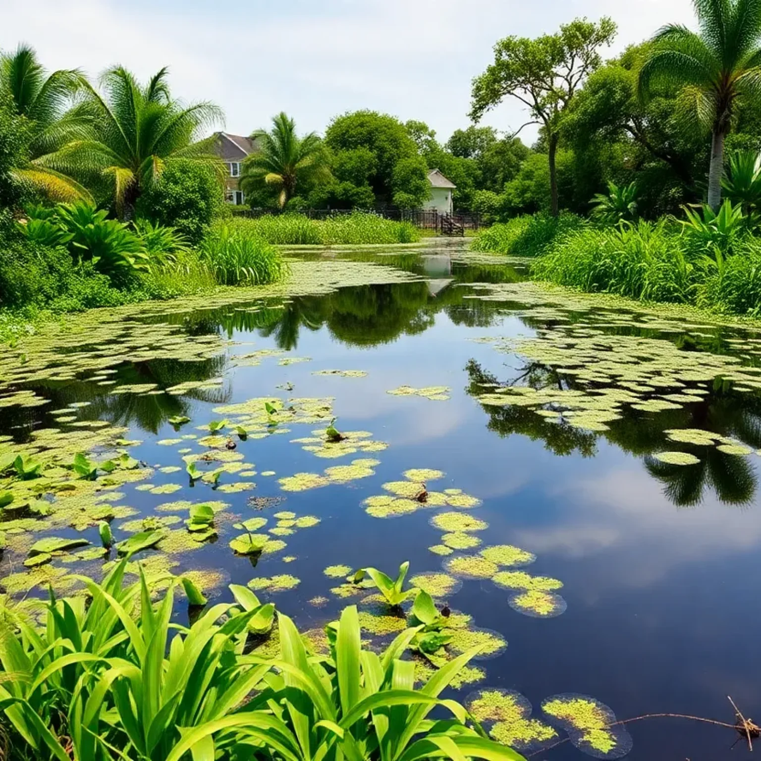 Serene lagoon reflecting the lush surroundings, representing safety concerns in New Orleans.