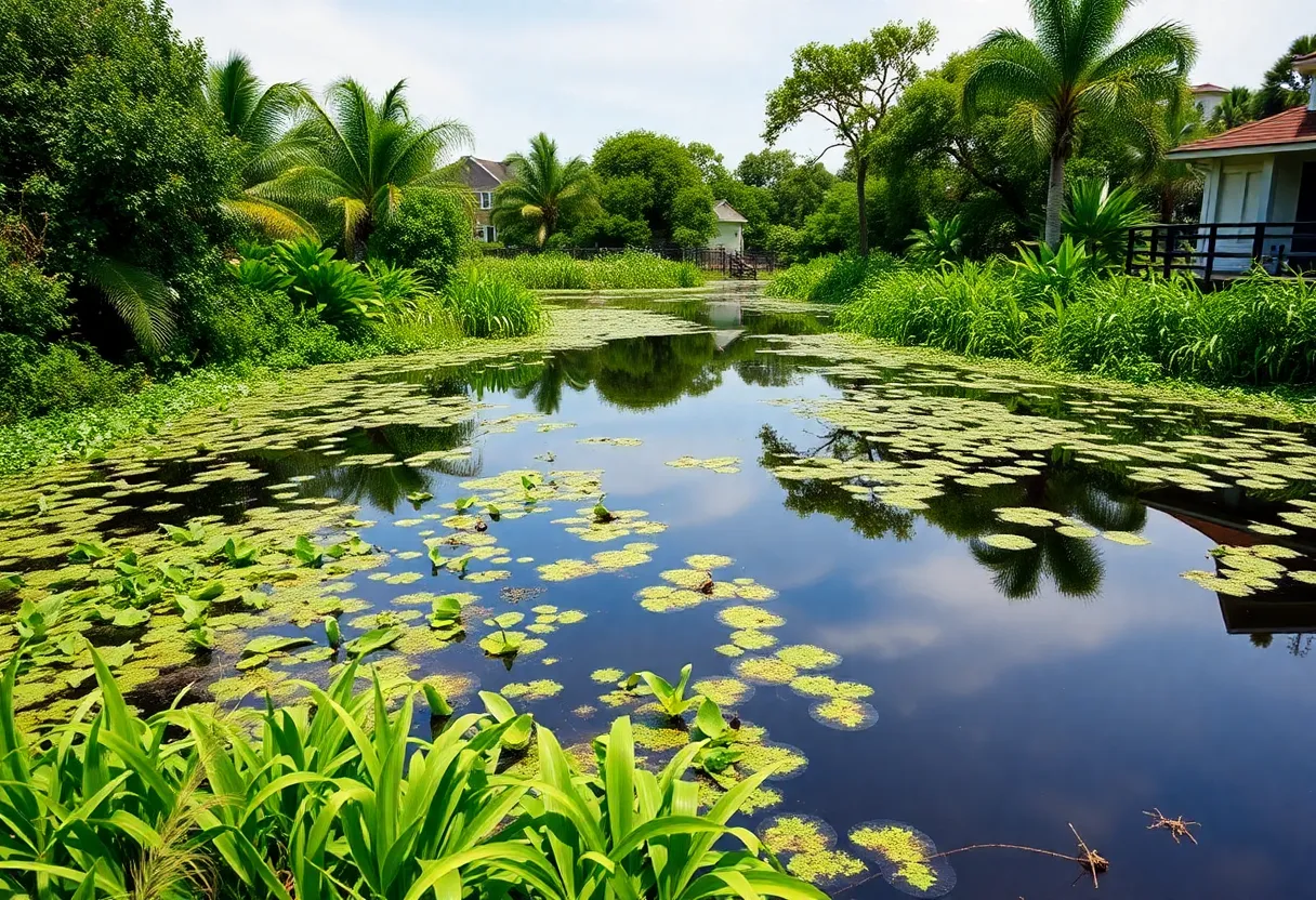 Serene lagoon reflecting the lush surroundings, representing safety concerns in New Orleans.