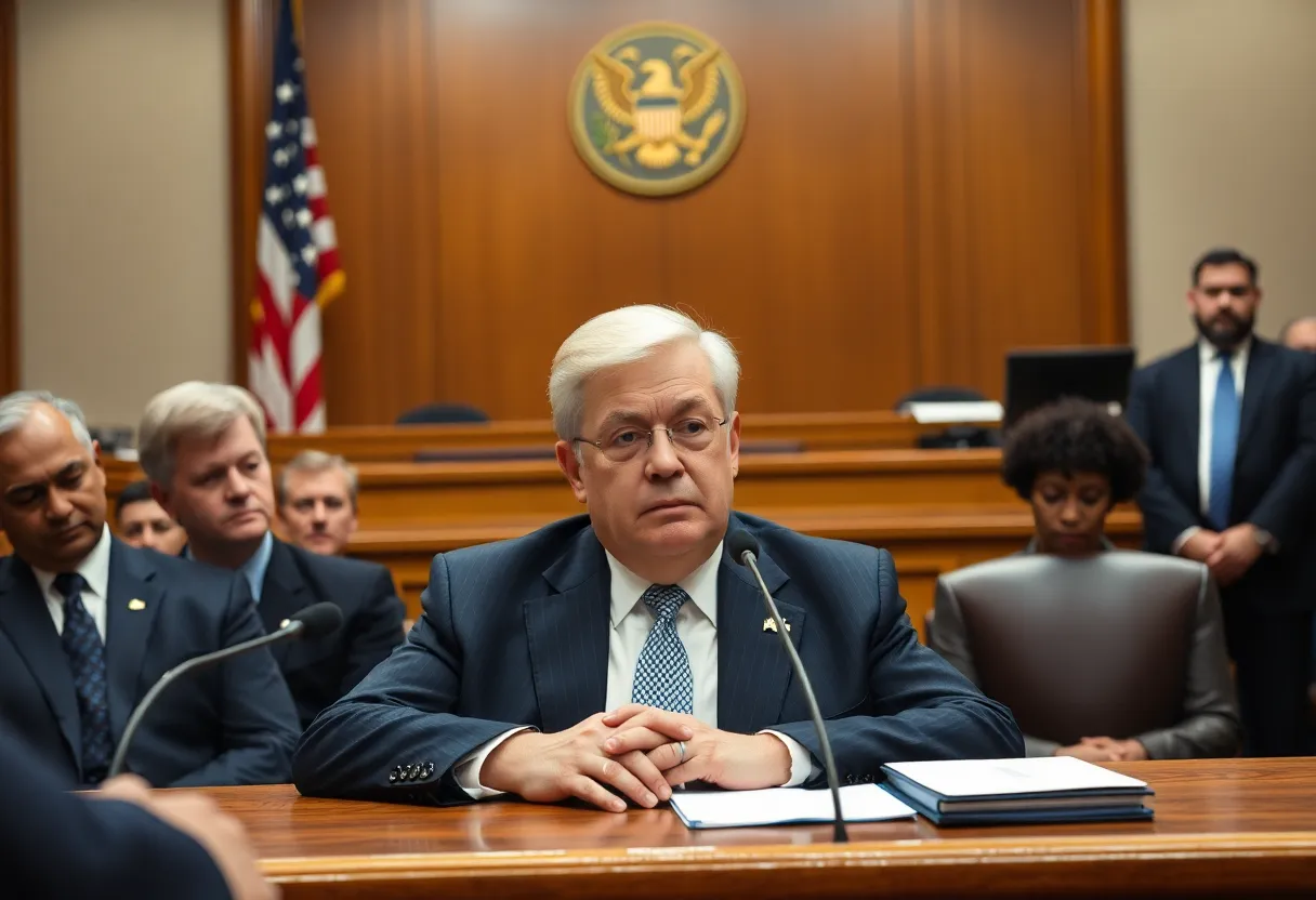A dramatic courtroom setting representing political scrutiny and legal challenges.