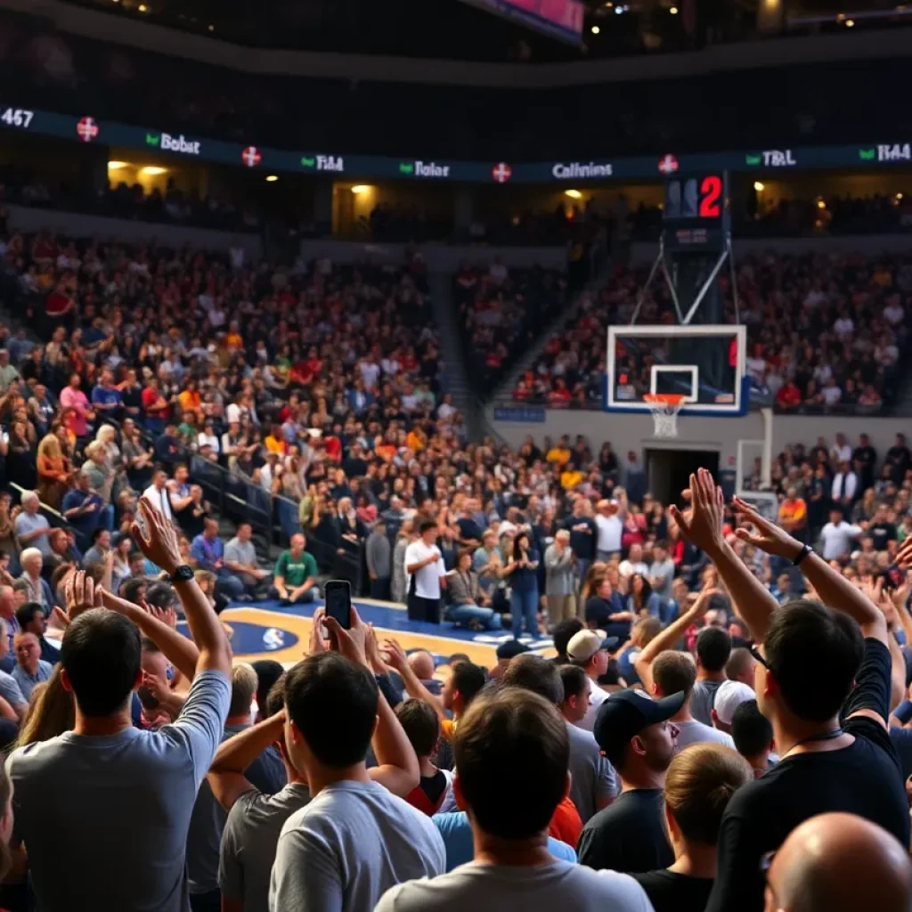 Fans cheering for the New Orleans Pelicans in a packed arena