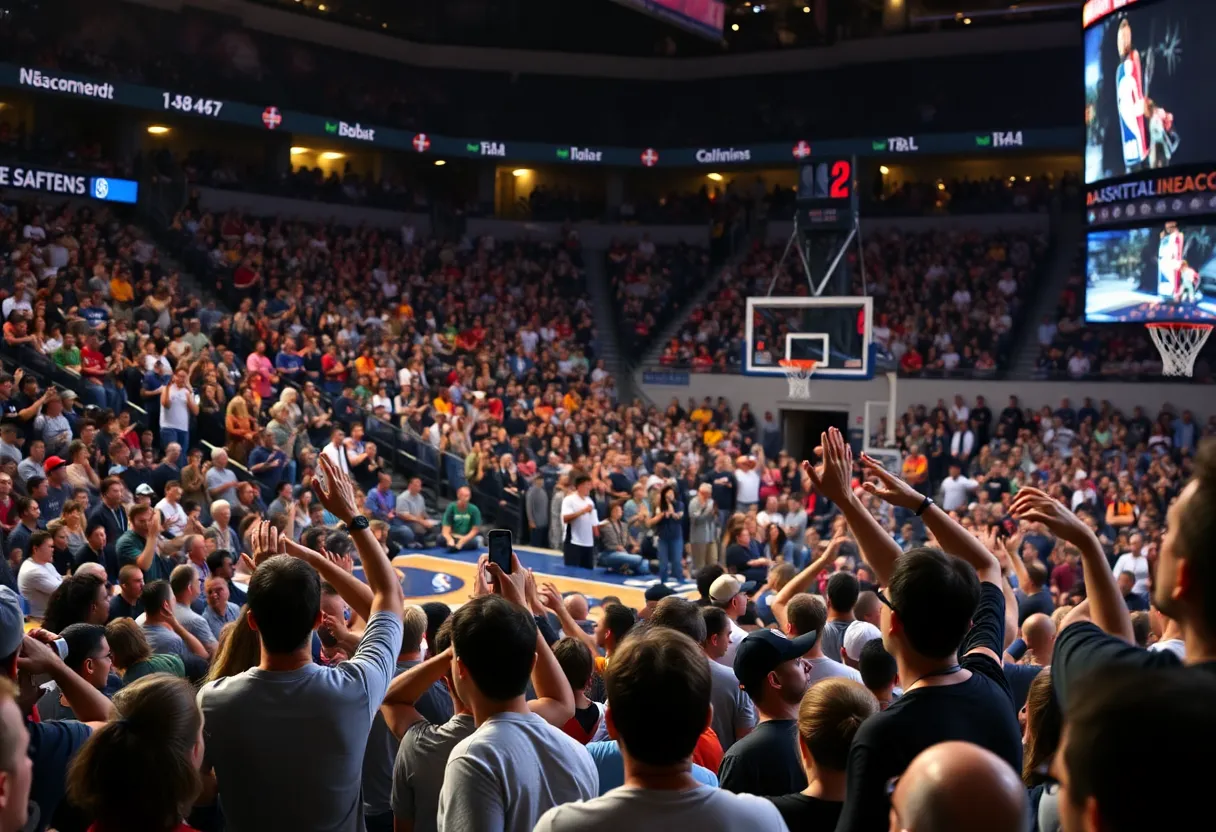 Fans cheering for the New Orleans Pelicans in a packed arena