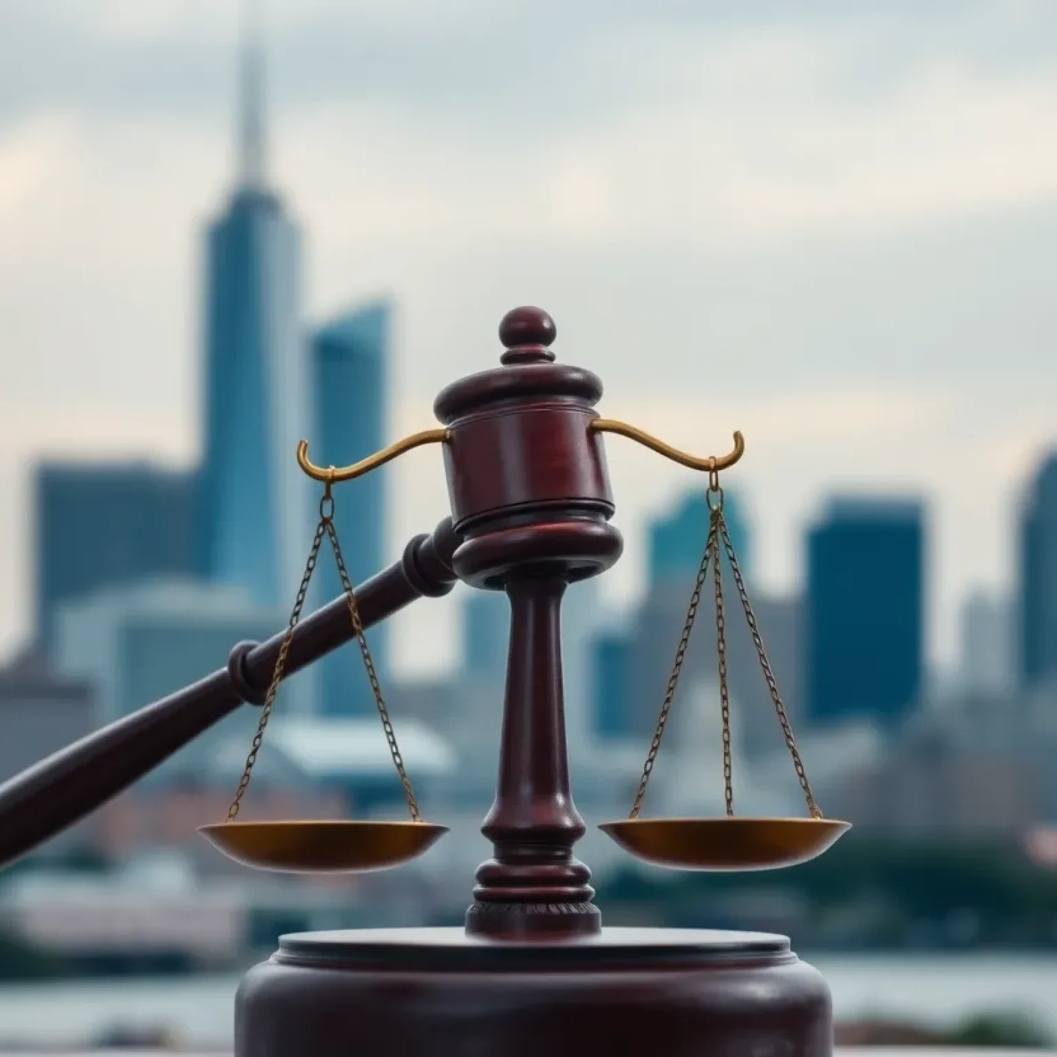 Symbolic representation of political turmoil in New Orleans with a gavel and scales of justice.