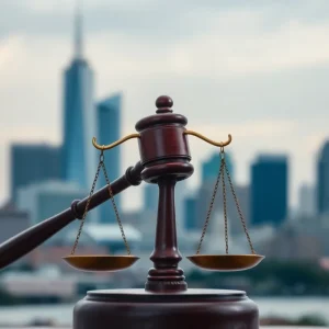 Symbolic representation of political turmoil in New Orleans with a gavel and scales of justice.