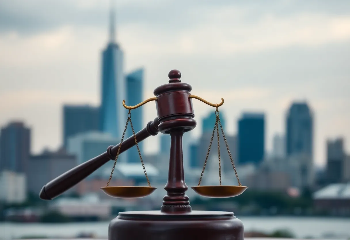 Symbolic representation of political turmoil in New Orleans with a gavel and scales of justice.