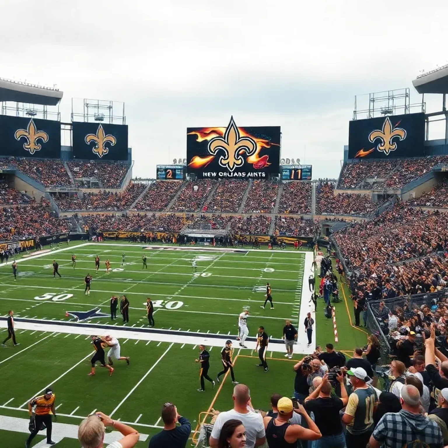 New Orleans Saints football scene with fans and banners