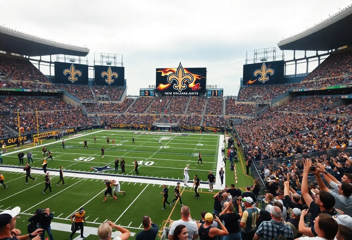 New Orleans Saints football scene with fans and banners
