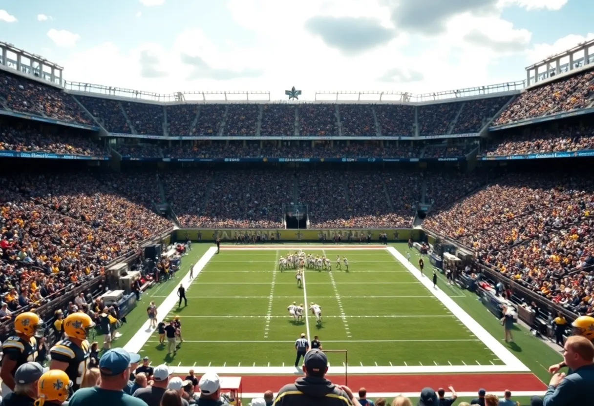 Fans cheering for the New Orleans Saints in a stadium