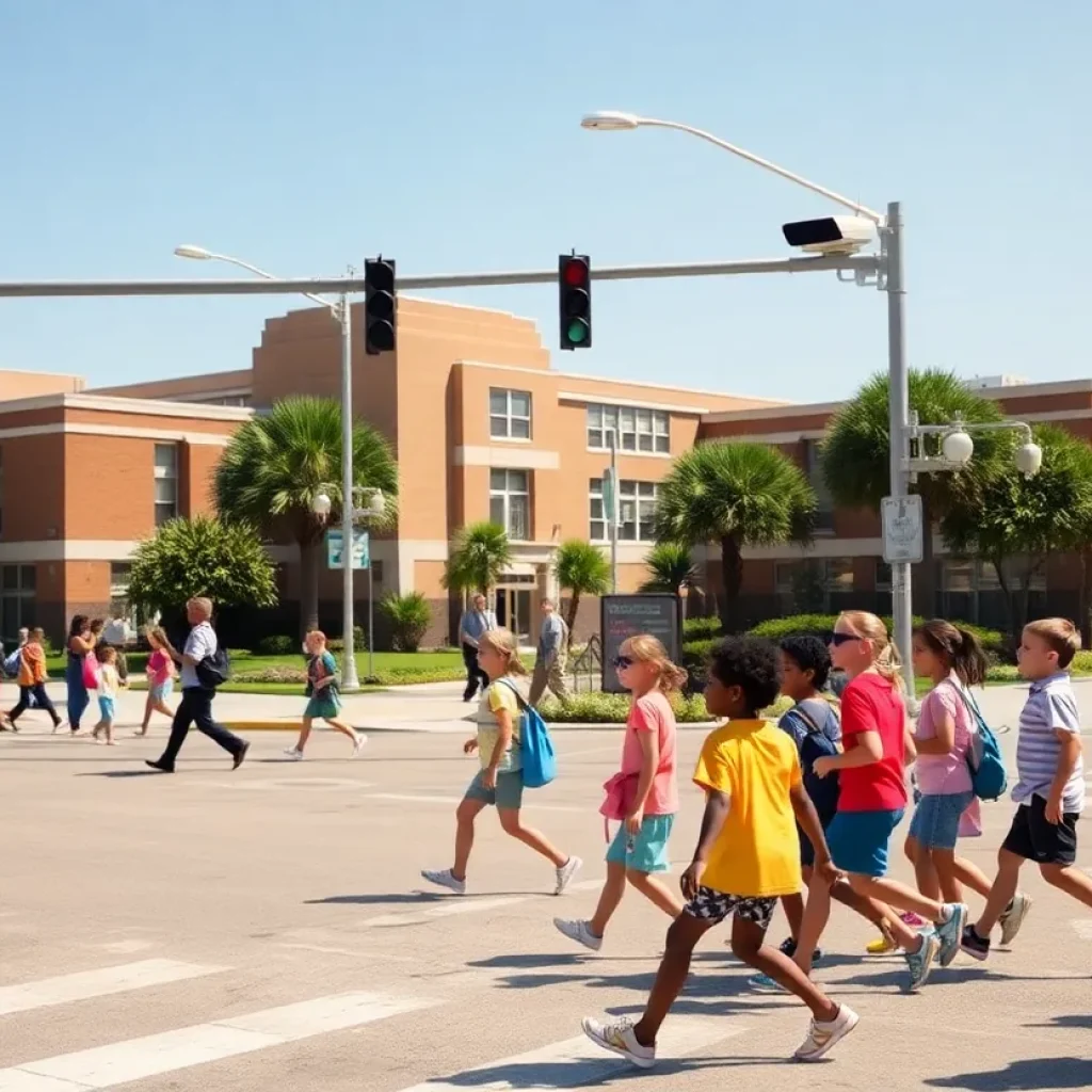 Traffic cameras in a school zone in New Orleans monitoring school children crossing the street.