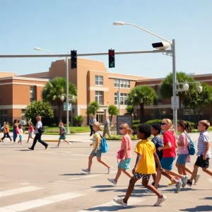 Traffic cameras in a school zone in New Orleans monitoring school children crossing the street.