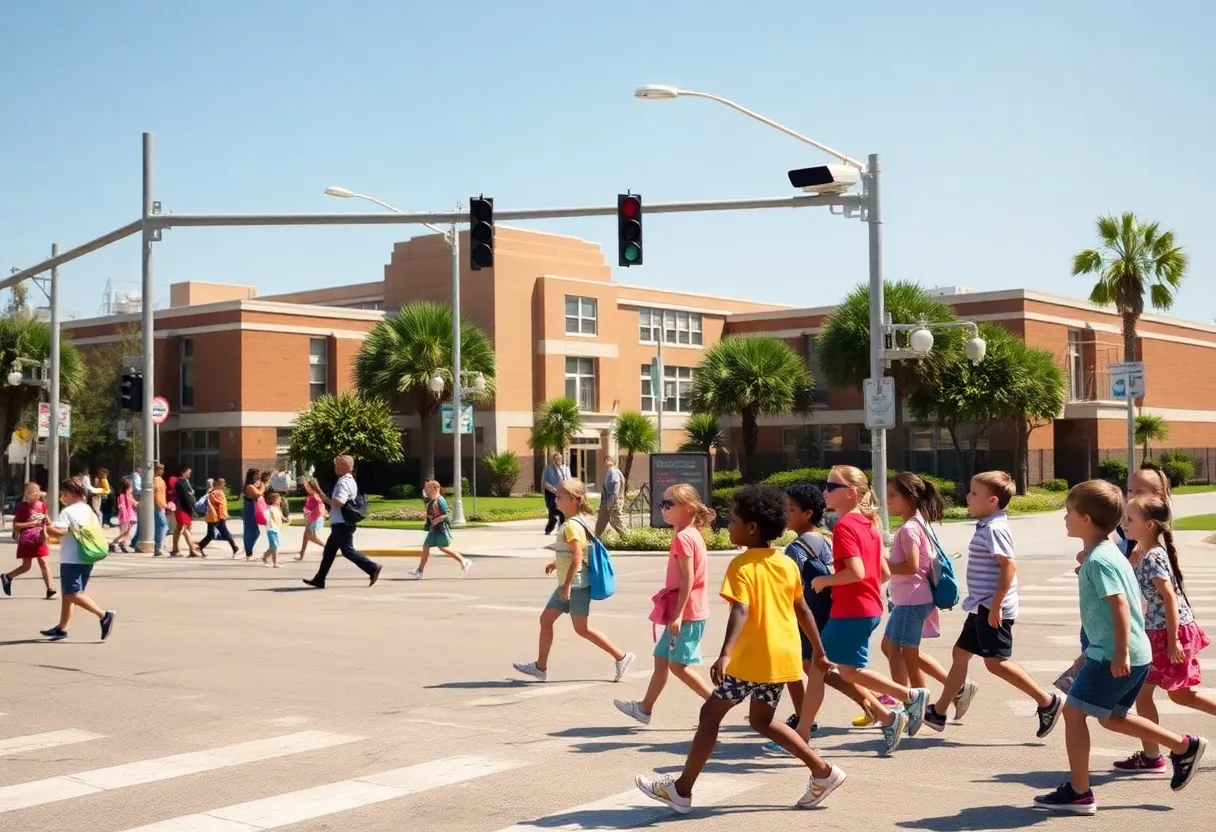 Traffic cameras in a school zone in New Orleans monitoring school children crossing the street.