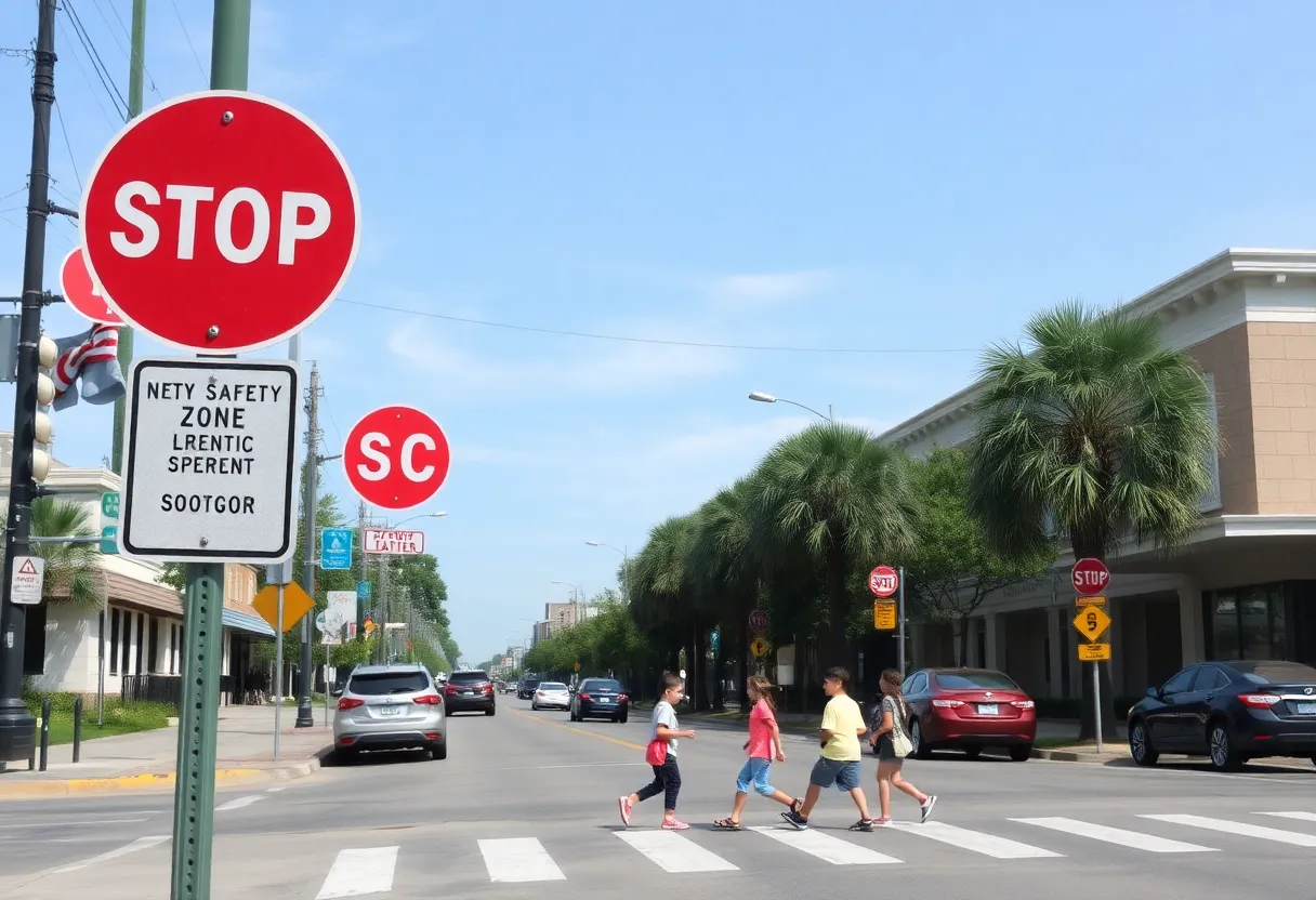 School zone traffic signs in New Orleans with children crossing