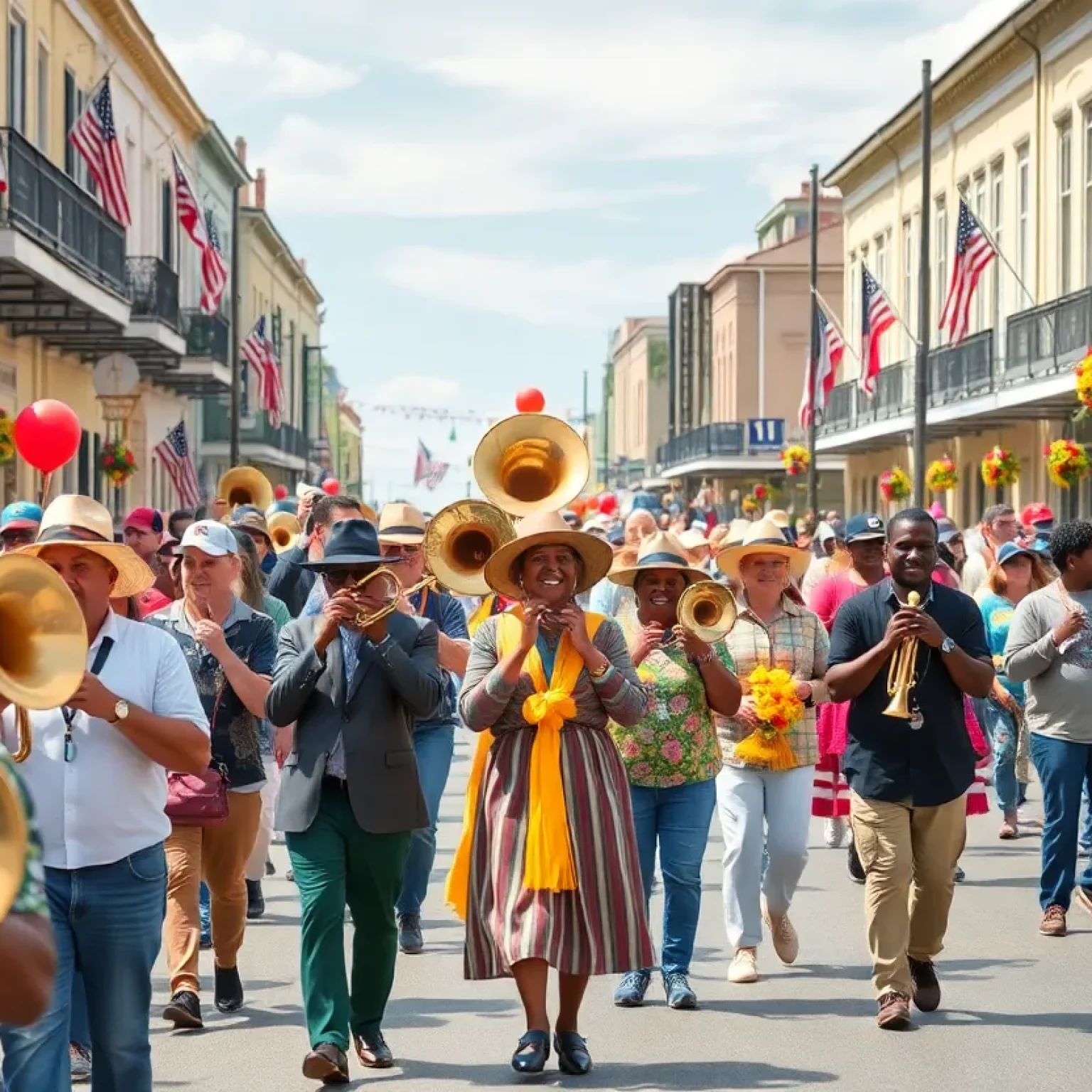 Joyful participants in a New Orleans second-line parade