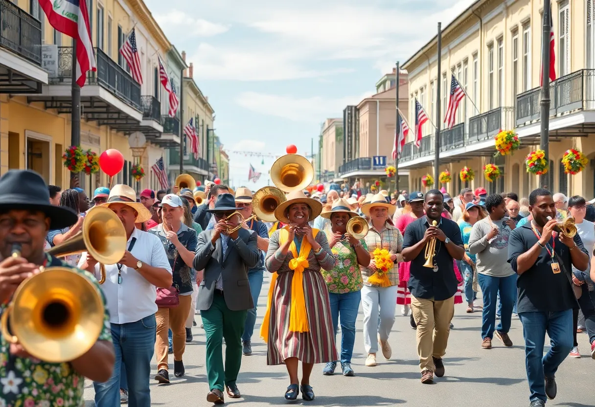 Joyful participants in a New Orleans second-line parade