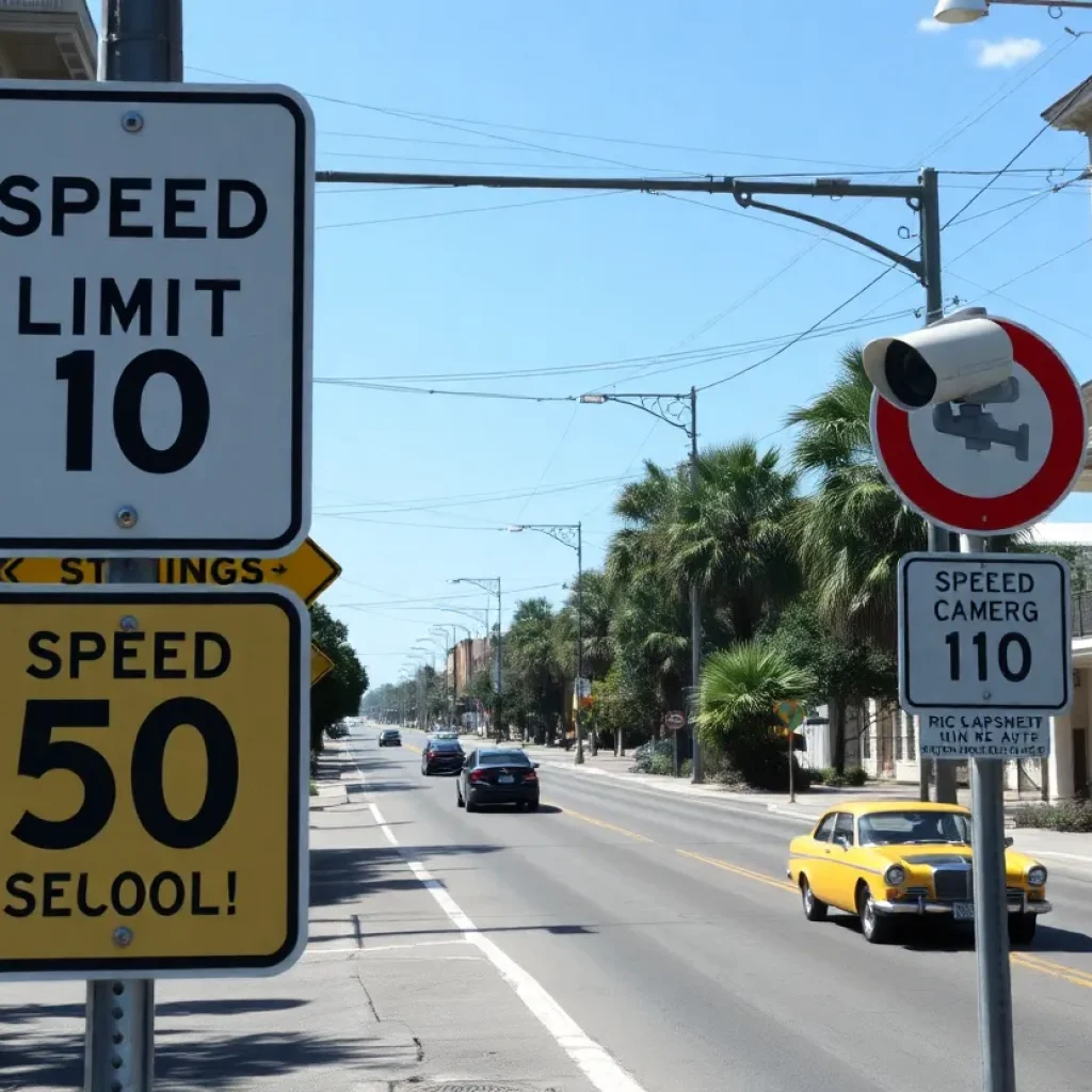 Traffic warning signs about speed limits and speed cameras in New Orleans