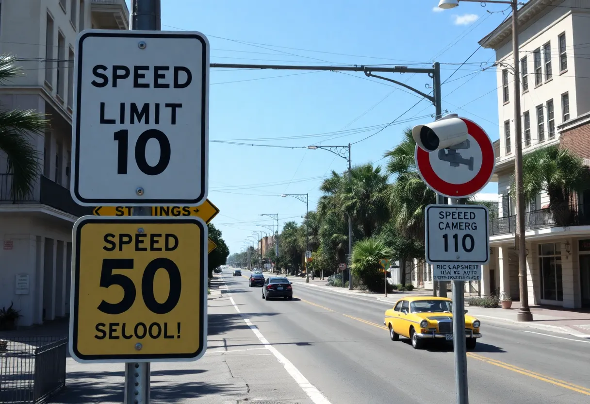 Traffic warning signs about speed limits and speed cameras in New Orleans