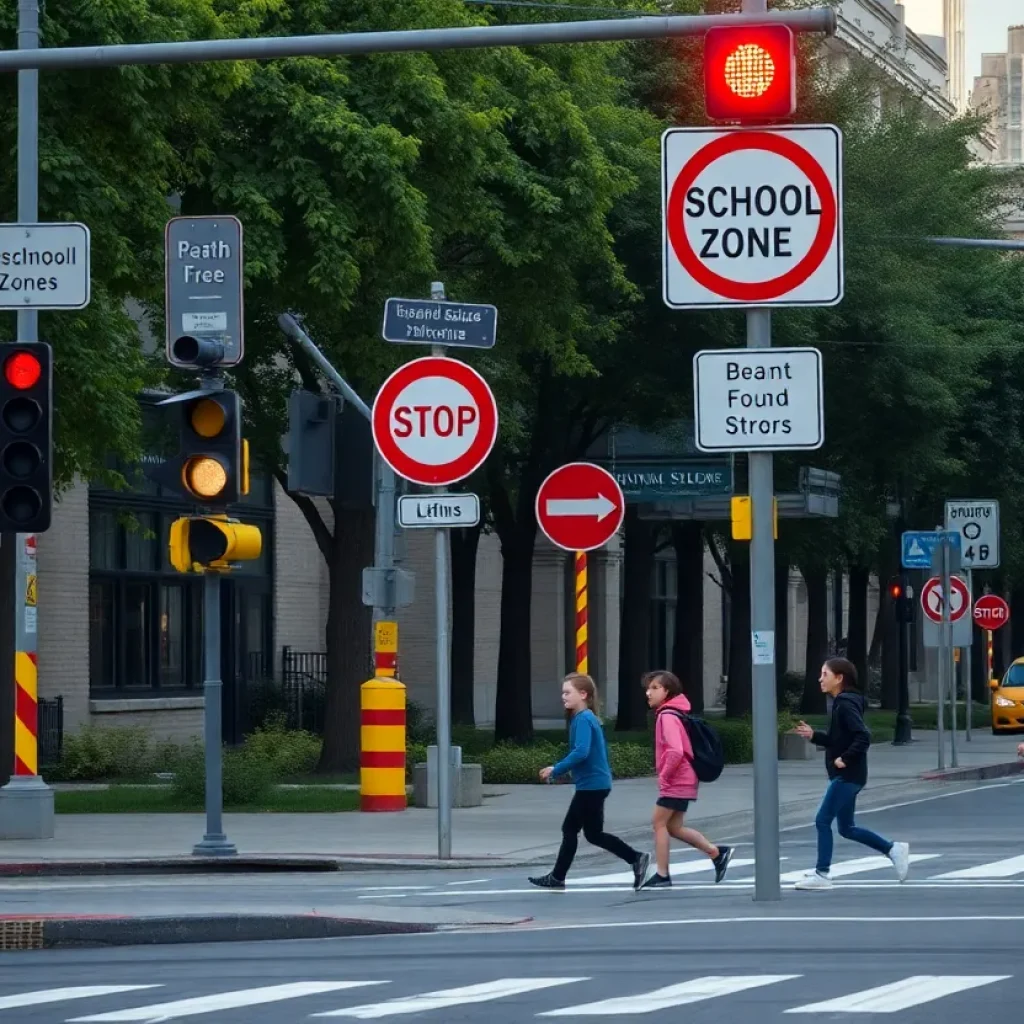 Traffic signs and school zone beacons in New Orleans