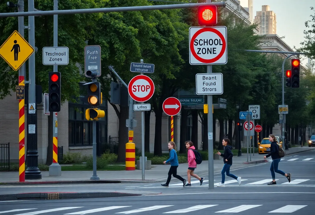 Traffic signs and school zone beacons in New Orleans