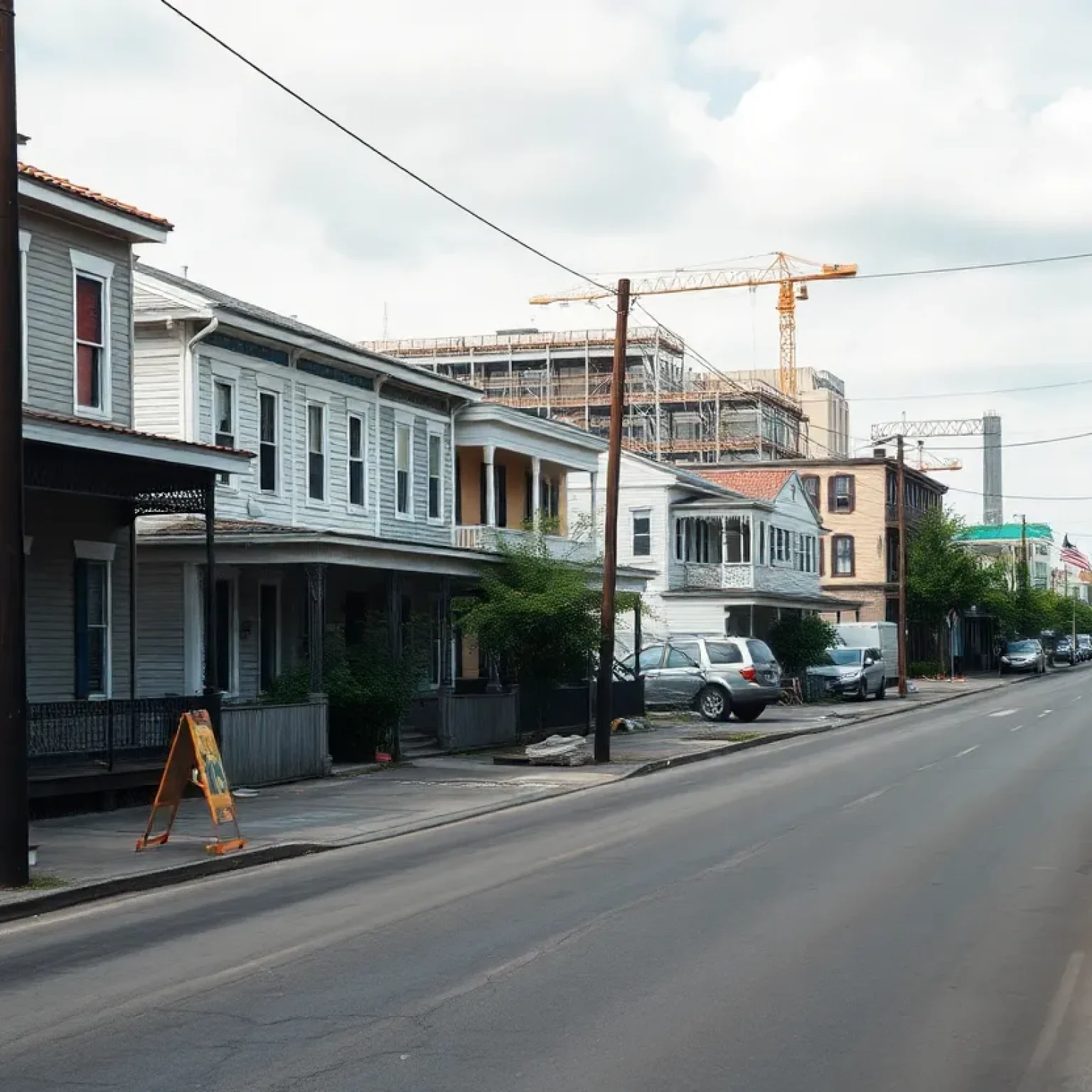 An image depicting the urban landscape of New Orleans including construction sites and renovated homes.