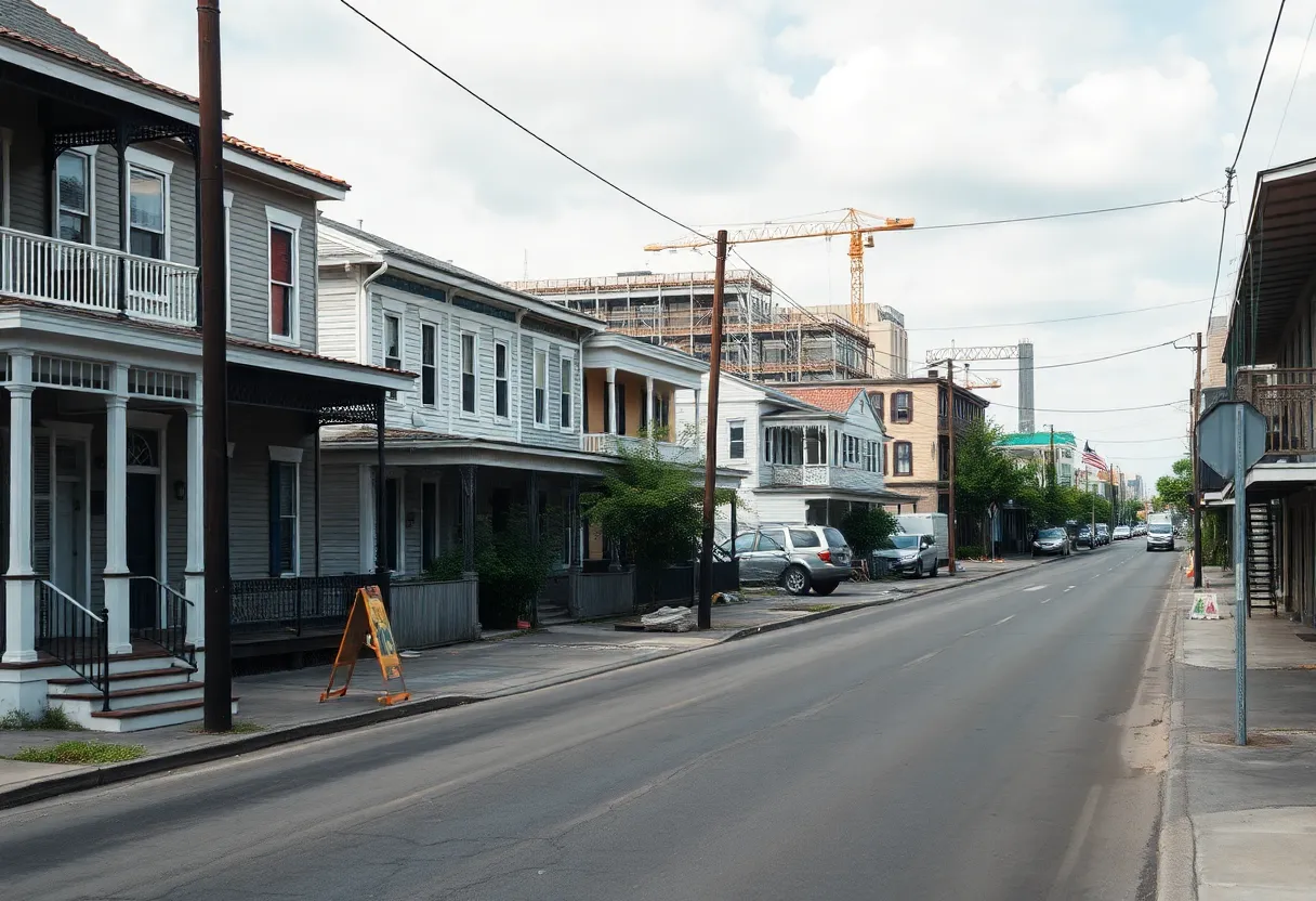 An image depicting the urban landscape of New Orleans including construction sites and renovated homes.