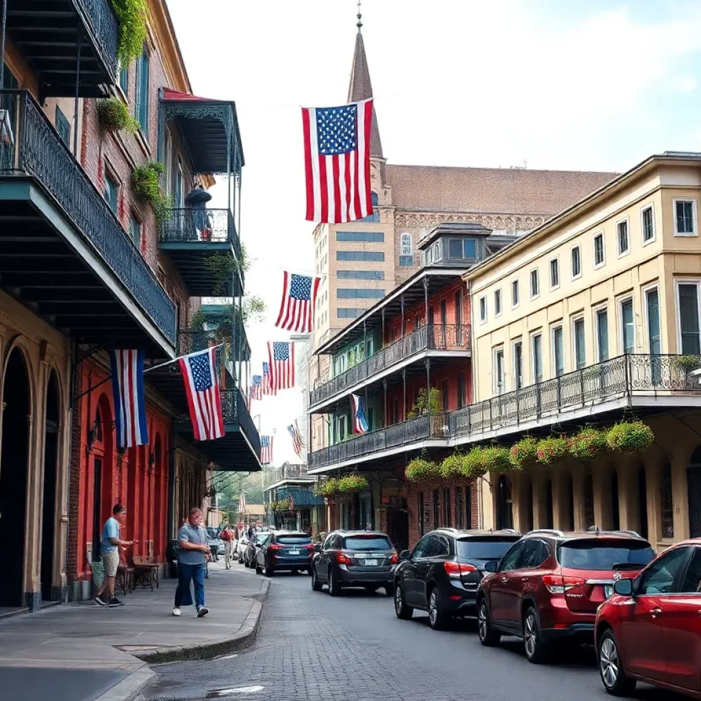 A bustling street in New Orleans showcasing historical architecture and artistic expressions.