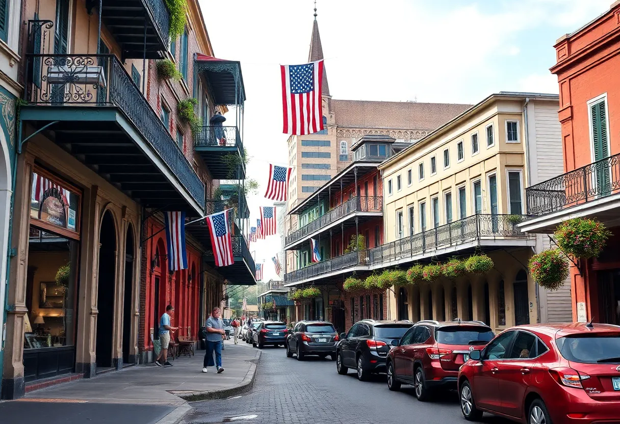 A bustling street in New Orleans showcasing historical architecture and artistic expressions.
