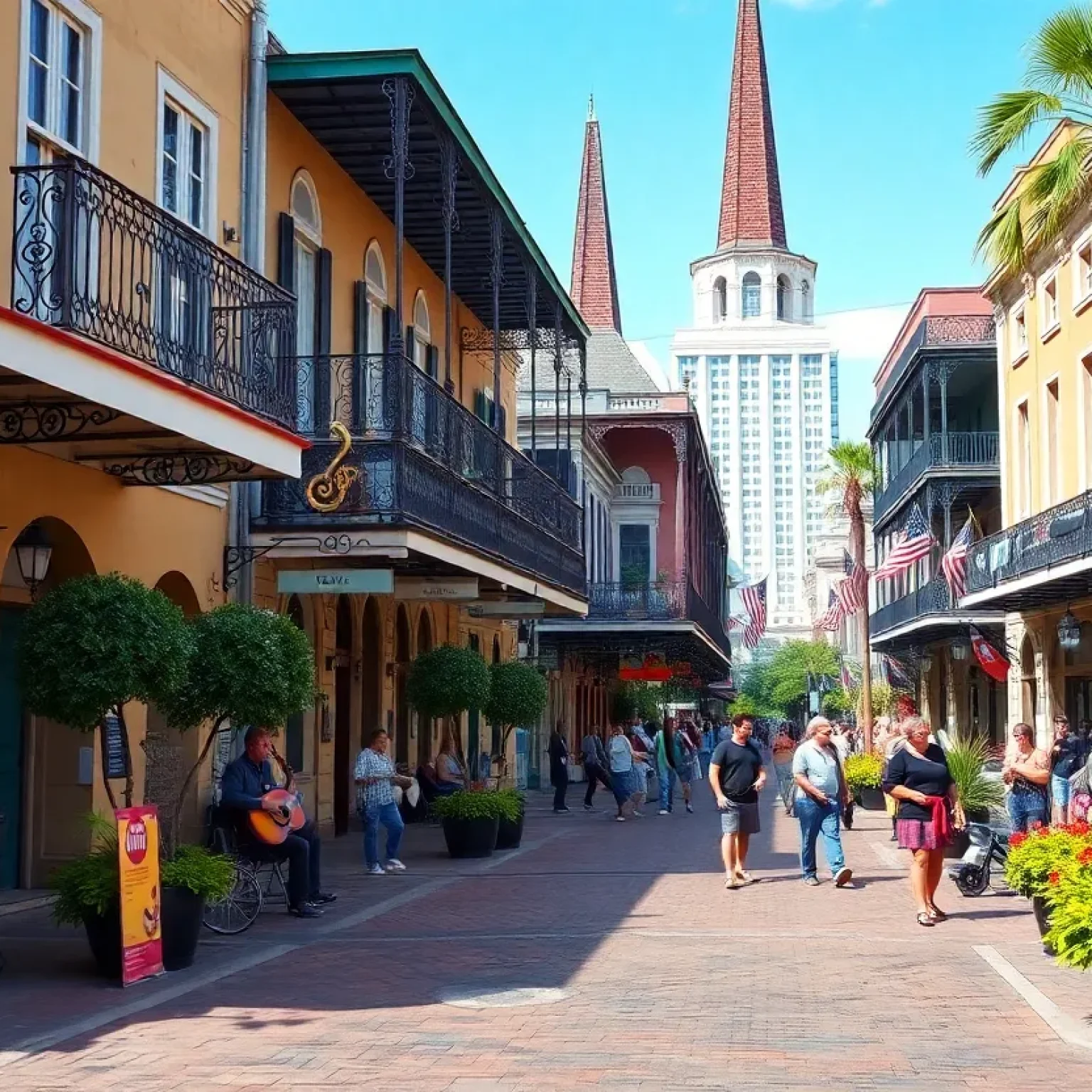 The lively cultural scene of New Orleans featuring musicians and park activities.
