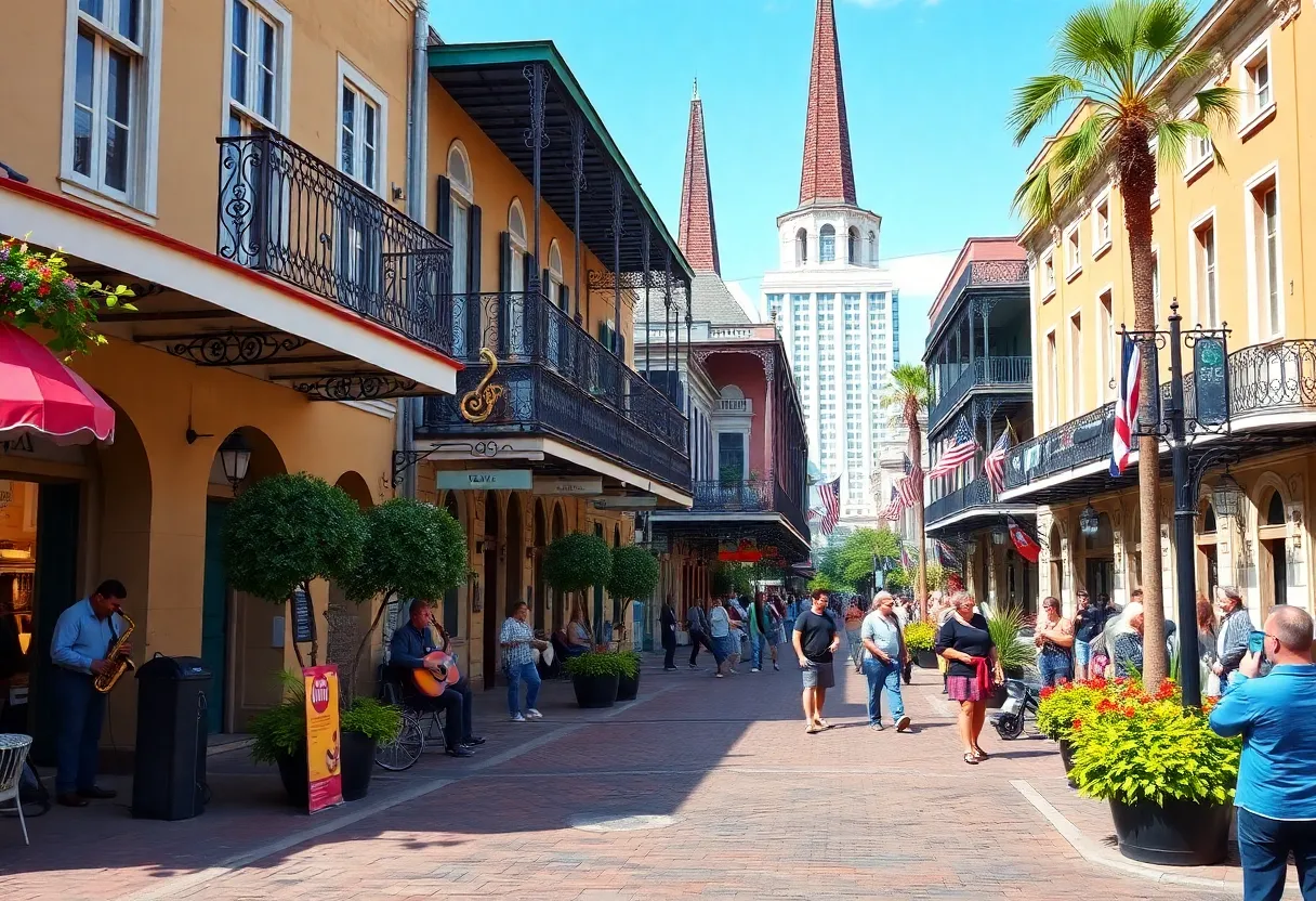The lively cultural scene of New Orleans featuring musicians and park activities.