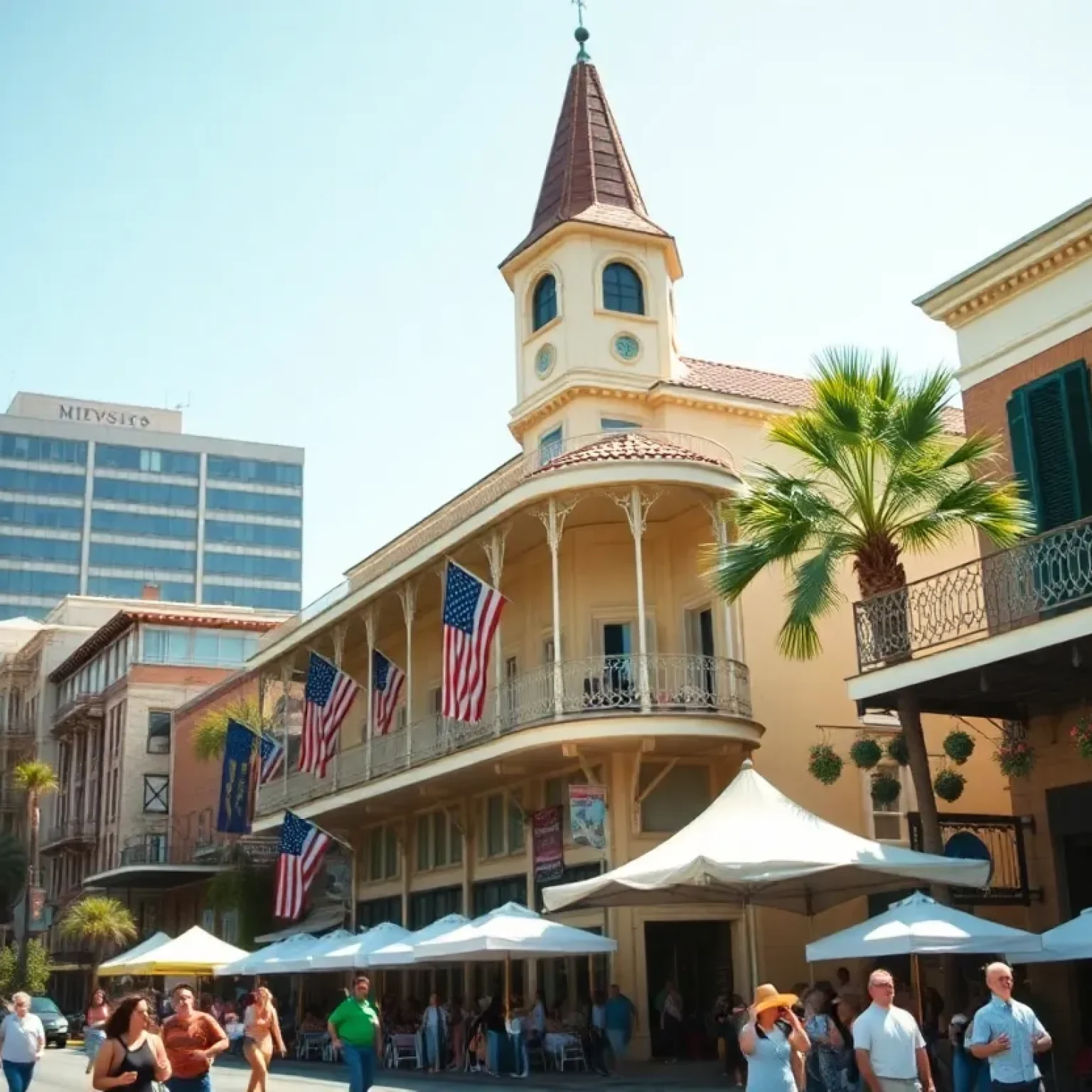 A lively scene in New Orleans showcasing various cultural events.