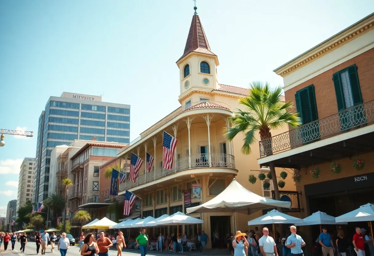 A lively scene in New Orleans showcasing various cultural events.