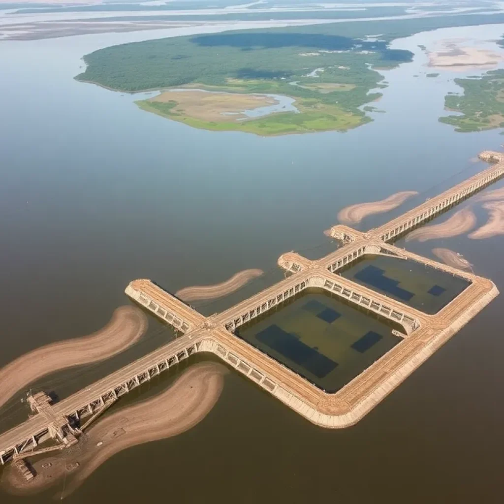 Aerial view of Old River Control Structures surrounded by water