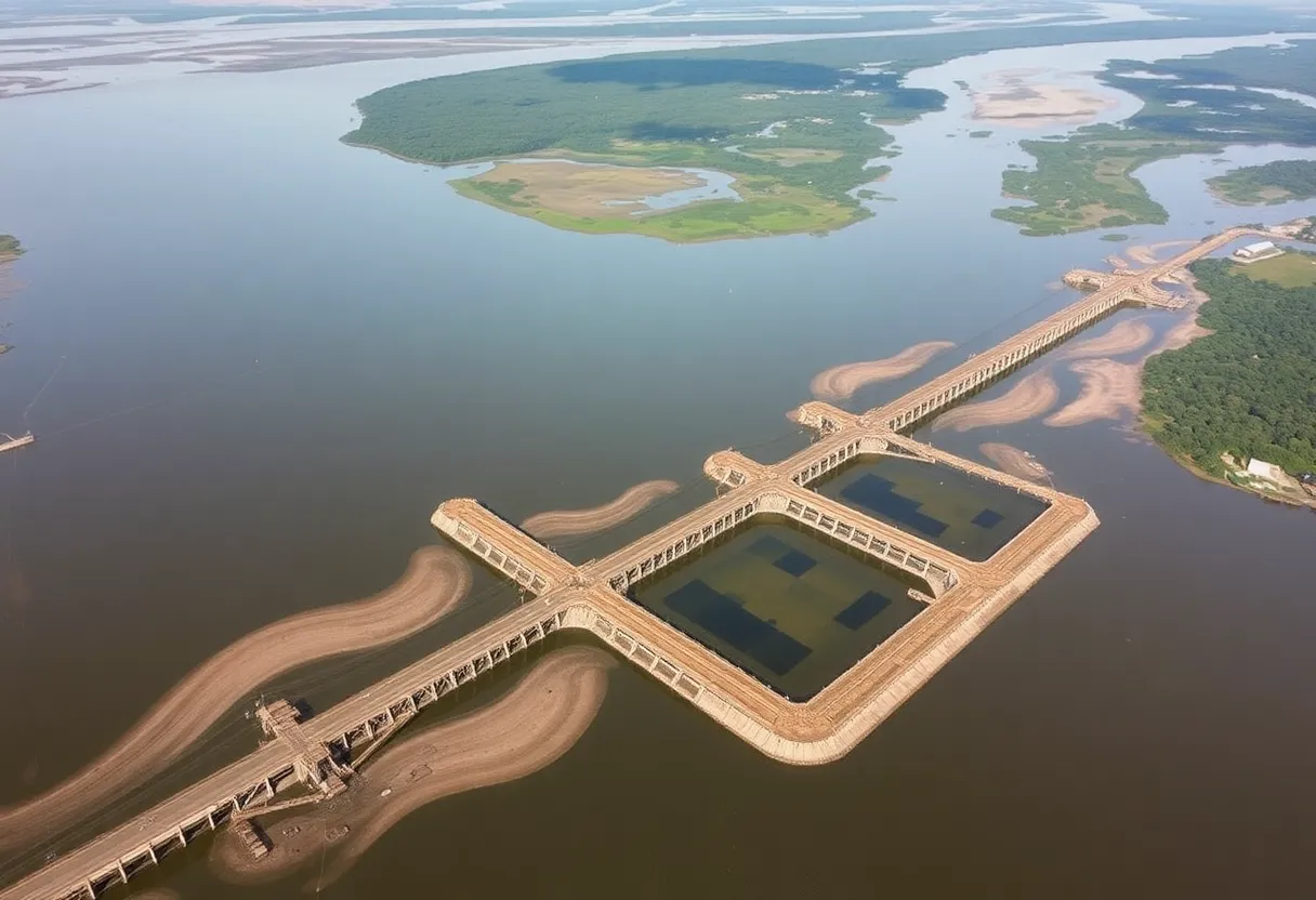 Aerial view of Old River Control Structures surrounded by water