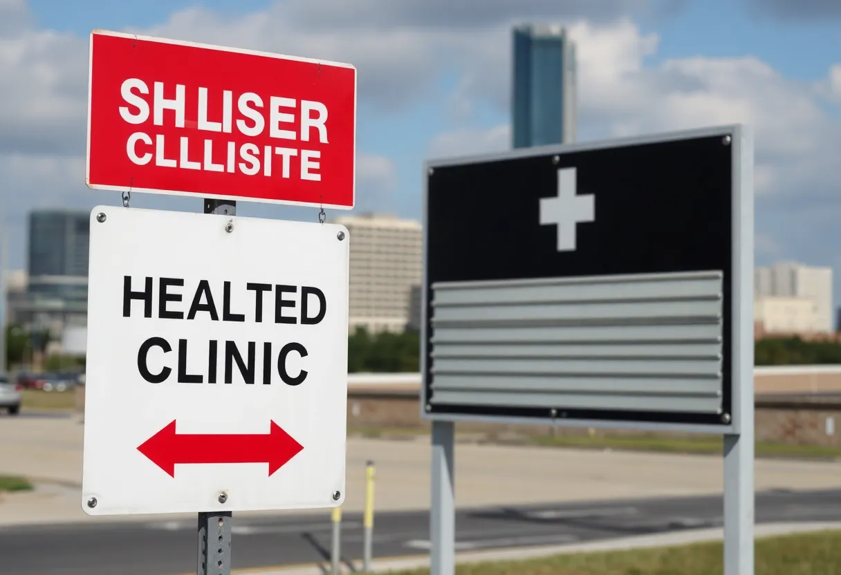 Shuttered clinic sign in Louisiana, symbolizing closure of healthcare services.
