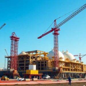 Construction site of the Plaquemines LNG export facility with cranes and workers.