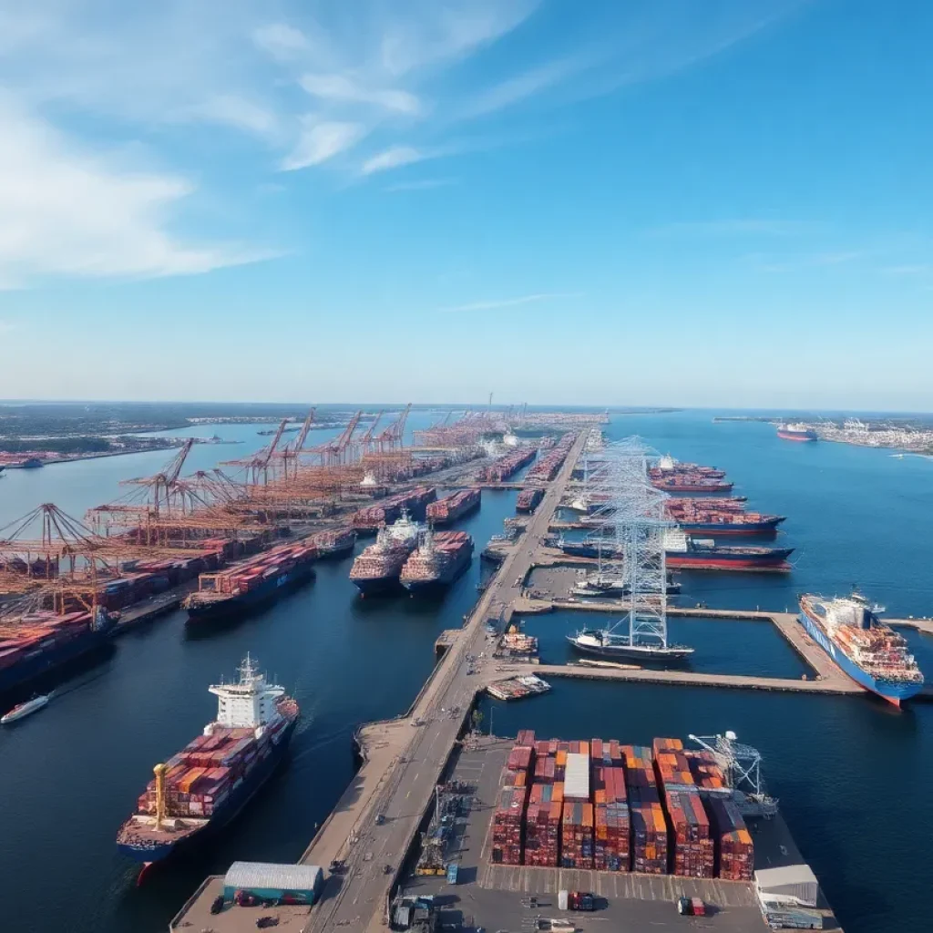 Aerial view of the Port of New Orleans with cargo ships and containers.