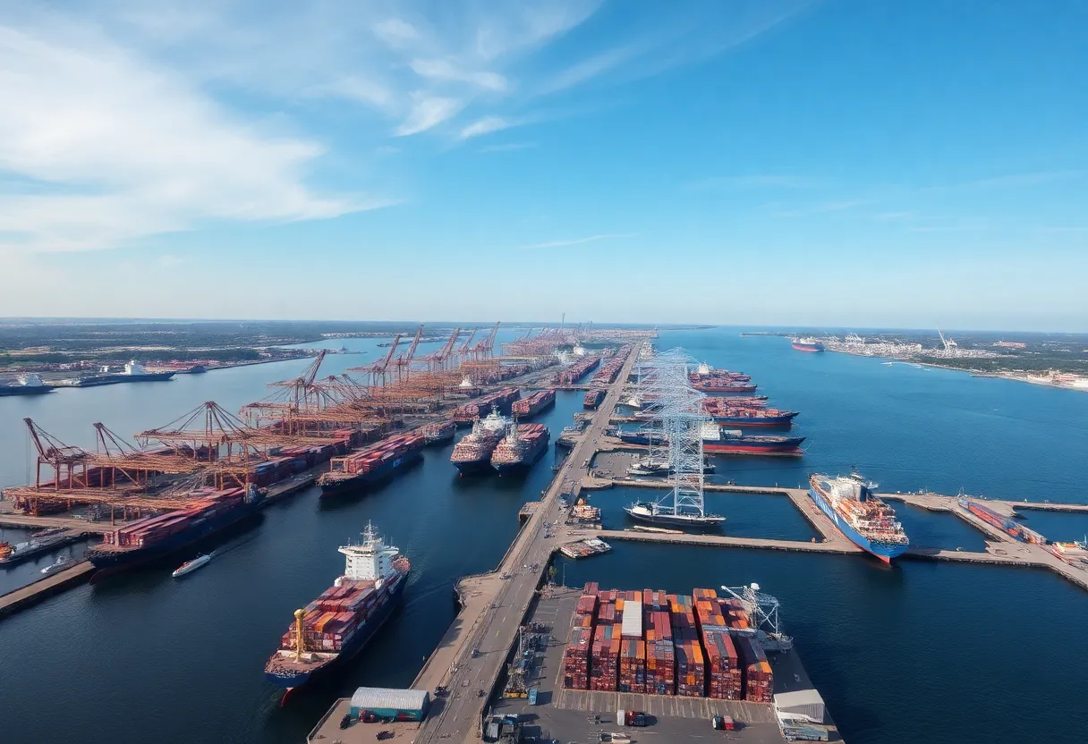 Aerial view of the Port of New Orleans with cargo ships and containers.