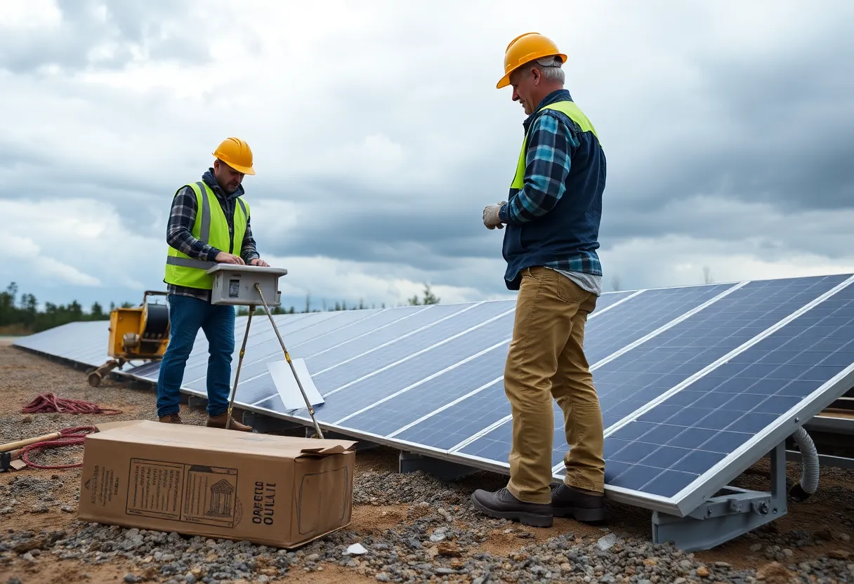 Workers packing solar panels at a PosiGen installation site.
