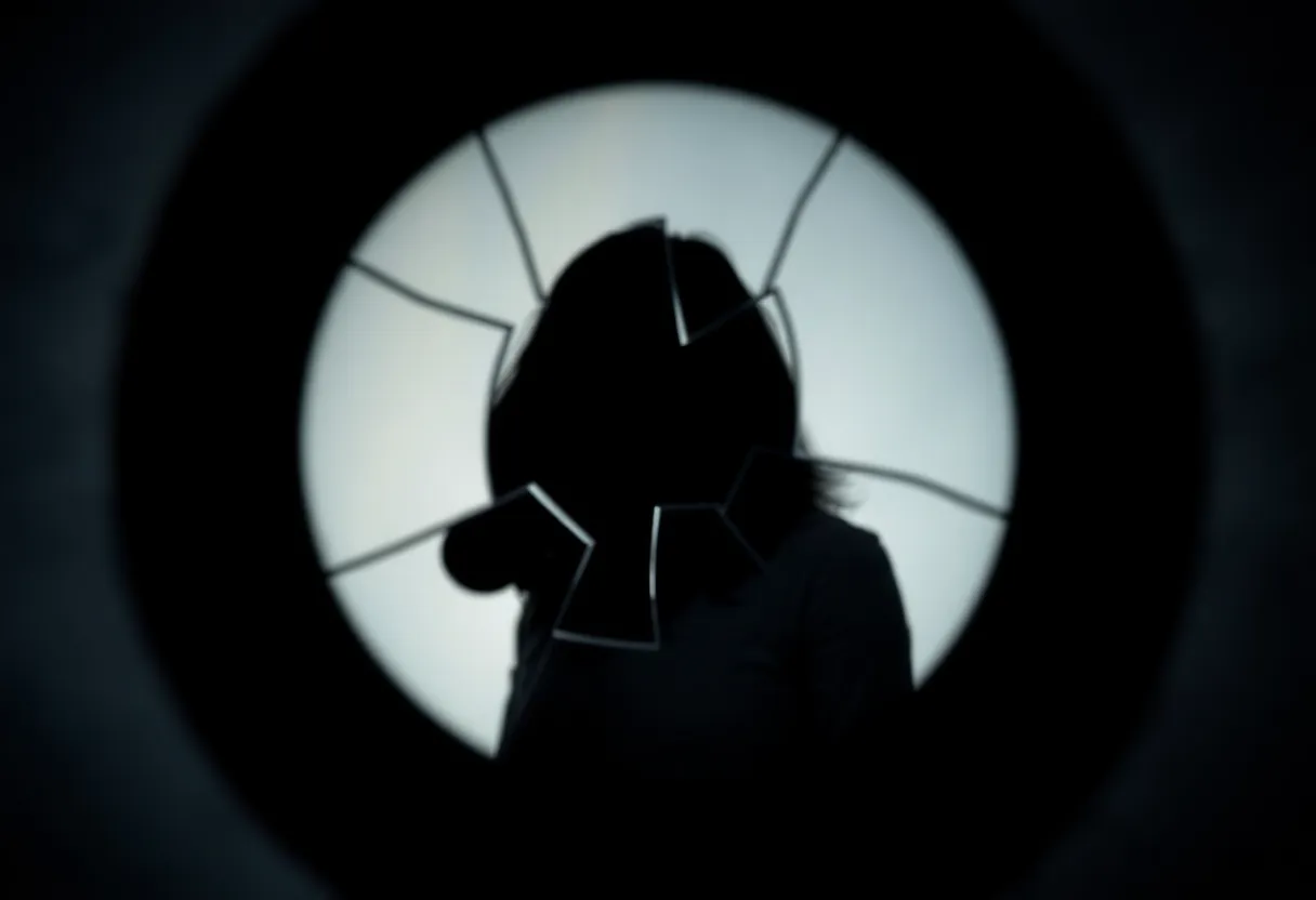 Symbolic representation of privacy violation with a broken camera lens.