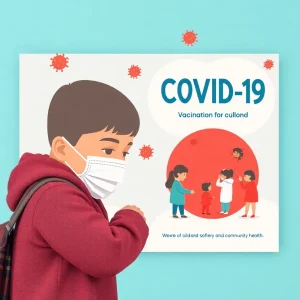 Graphic representation of a public health campaign advocating for COVID-19 vaccinations for children.