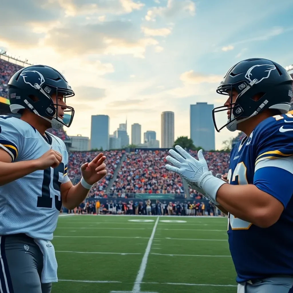 Two quarterbacks practice in a football stadium in New Orleans.