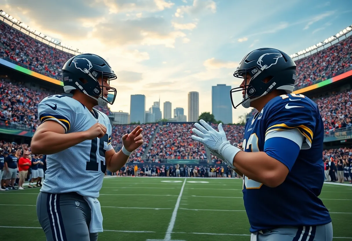 Two quarterbacks practice in a football stadium in New Orleans.
