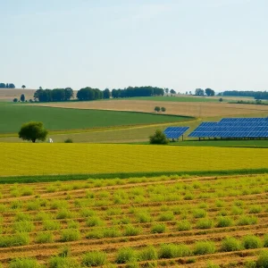 A rural landscape showing farmland with solar energy panels integrated into the scenery.