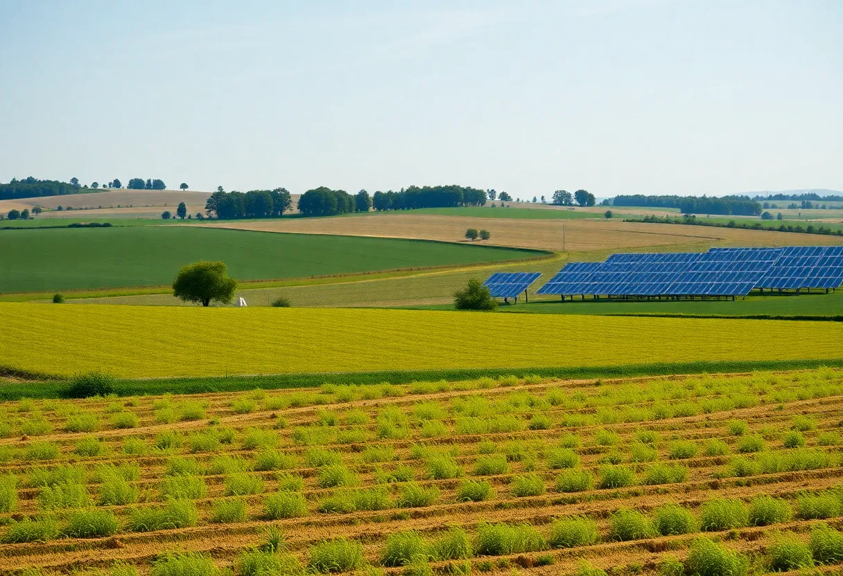 A rural landscape showing farmland with solar energy panels integrated into the scenery.